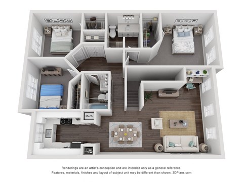 Floor plan for 3 beds, 2 baths, 1402 sqft